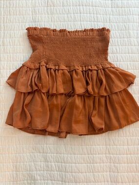 Love Shack Fancy Rust Tiered Ruffle Smocked Strapless Mini Skirt